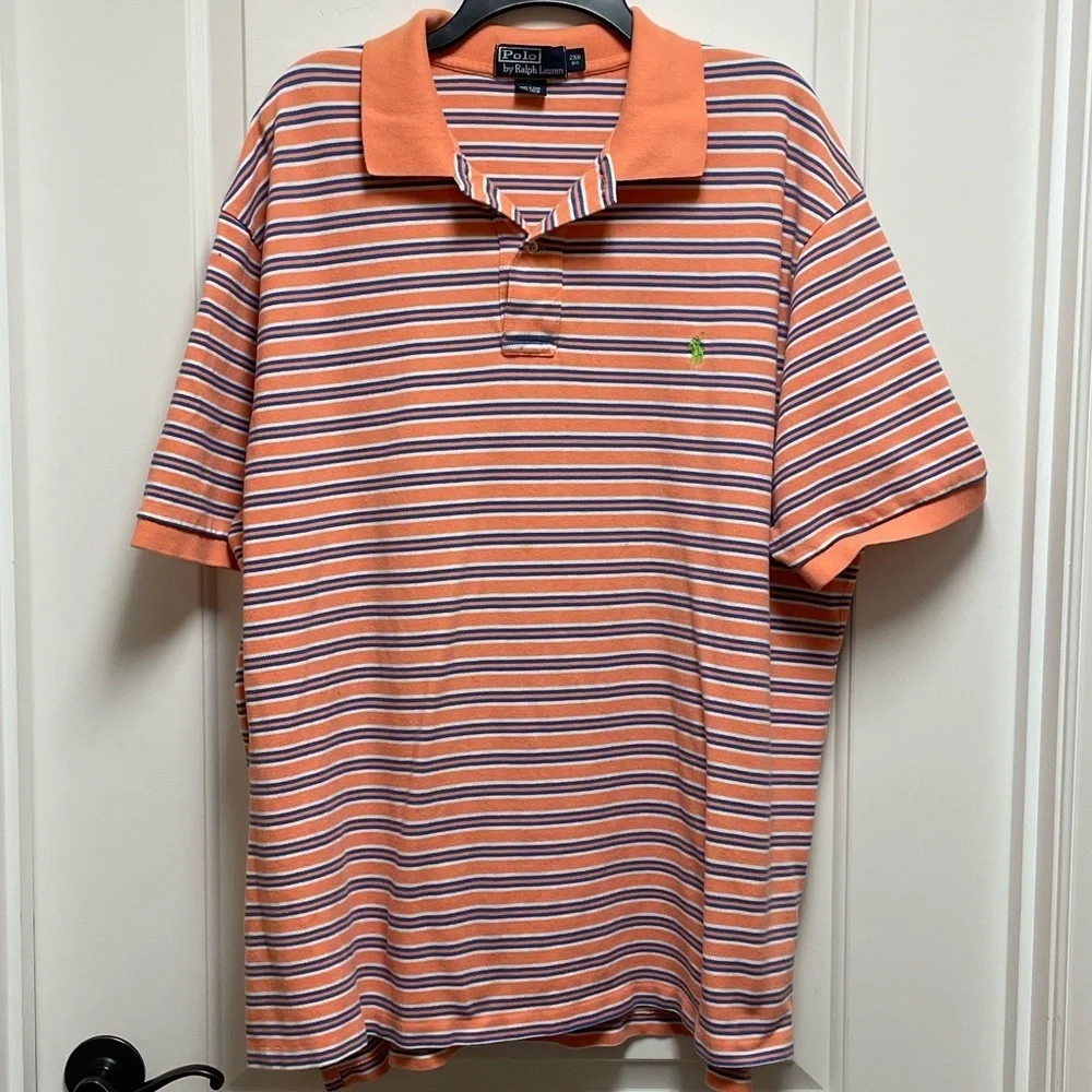 Ralph Lauren Sz XXL Big and Tall Vibrant Light Orange & Blue Striped Polo Shirt